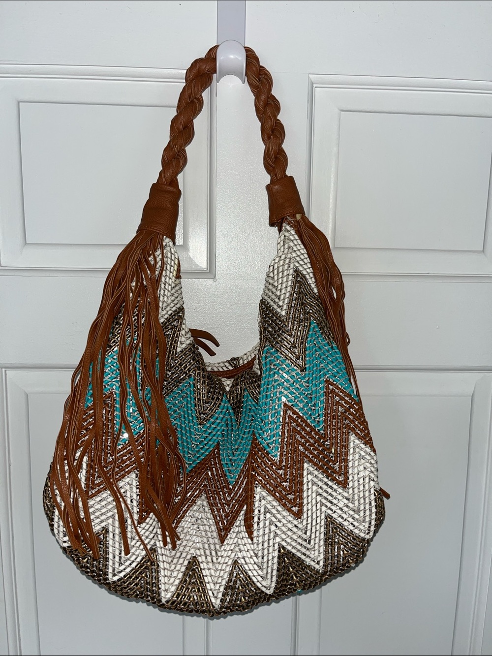 Big Buddha Braided Fringe Chevron Hobo Bag - Brown Turquoise